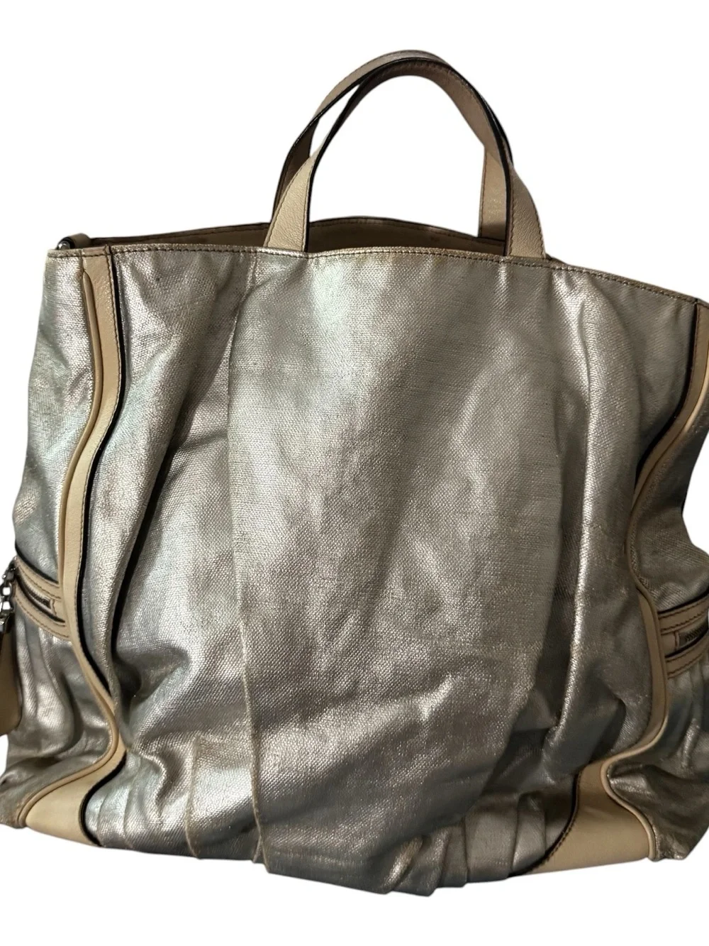 Dolce & Gabbana Metallic Silver Tote Bag with Beige Trim -